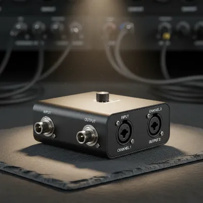 A close-up of a compact ground loop isolator device with balanced XLR connections, highlighting its role in breaking noise circuits.