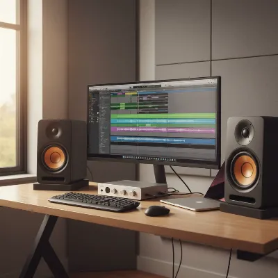 JBL 305P MkII studio monitors in a well-arranged home studio setup with an audio interface and computer screen.