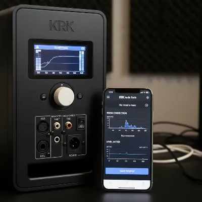 KRK Rokit 5 G4 monitor showing its LCD DSP screen and a smartphone with the KRK Audio Tools app for room calibration.