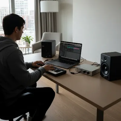 A mobile music producer setting up portable studio monitors in a minimalist, modern hotel room, with a laptop and audio interface on the desk, natural light coming from a window, and the monitors positioned for optimal listening.
