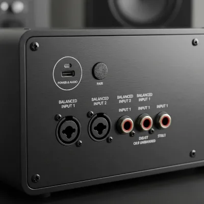 A close-up shot of the back panel of a portable studio monitor, highlighting various connectivity options like USB-C, XLR, TRS, and Bluetooth pairing button, with clear labels and professional finish.