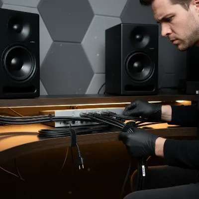A person organizing studio monitor cables, separating power from audio lines, emphasizing proper cable management for noise reduction.