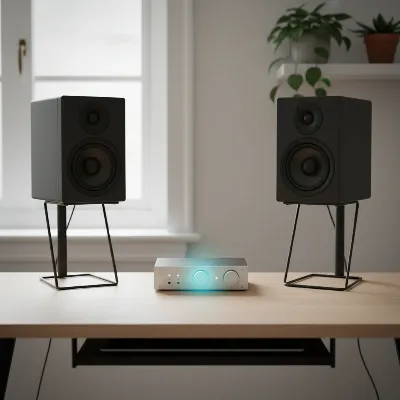 An overhead view of a home studio desk with two 5-inch studio monitors and a listener's head forming a perfect equilateral triangle, demonstrating ideal speaker placement for critical listening.