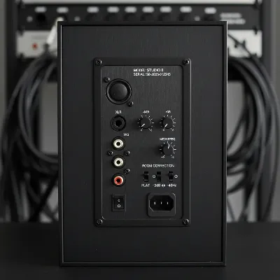 A close-up shot of the back of an active studio monitor with various input ports, highlighting the complexity of connectivity.