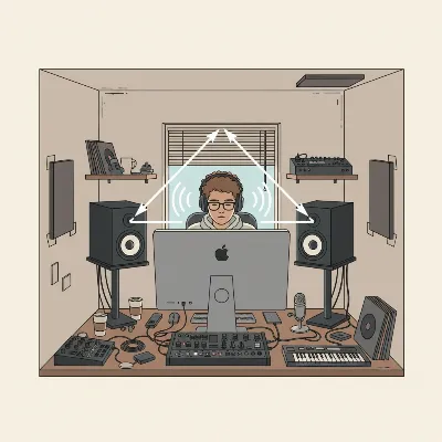 Optimal studio monitor placement showing the equilateral triangle principle in a home studio.