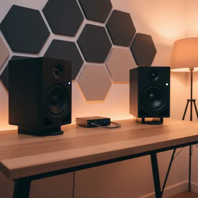 A pair of sleek, black active studio monitors positioned on a desk in a modern home studio, forming an equilateral triangle with a person's head for optimal listening. The room has subtle acoustic panels on the walls.