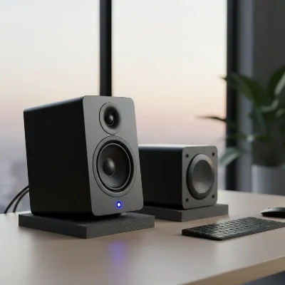 A 5-inch studio monitor paired with a compact studio subwoofer, demonstrating an enhanced low-end setup for a small desk, with isolation pads.