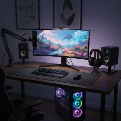 A gamer at a desk with two studio monitors flanking a gaming monitor, headphones on a stand, and a microphone, showcasing a professional audio setup for gaming.